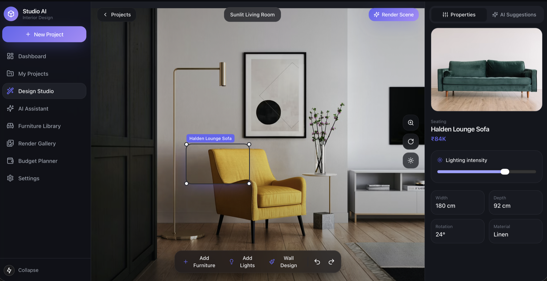 AI design studio placing furniture in a room in real time