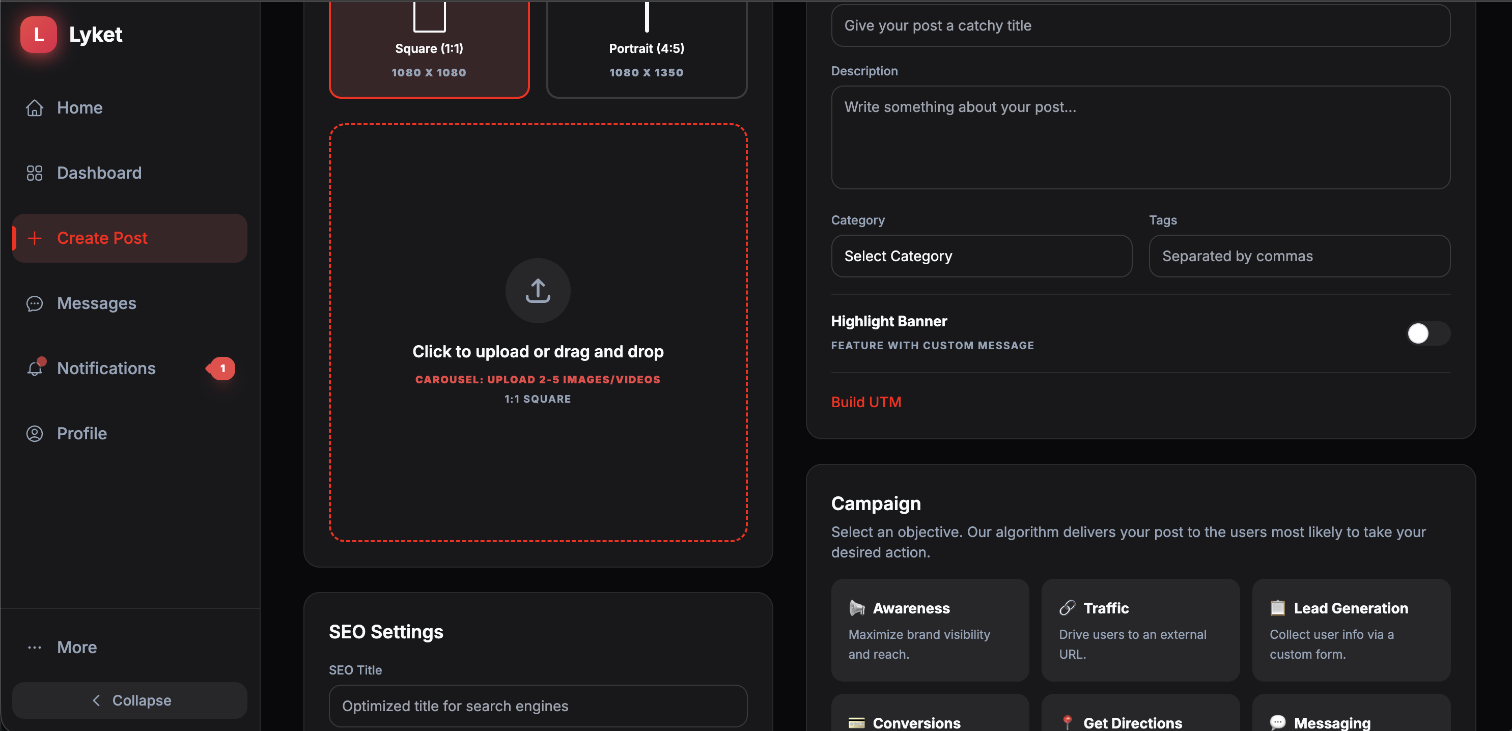 Lyket create post screen with campaign objectives