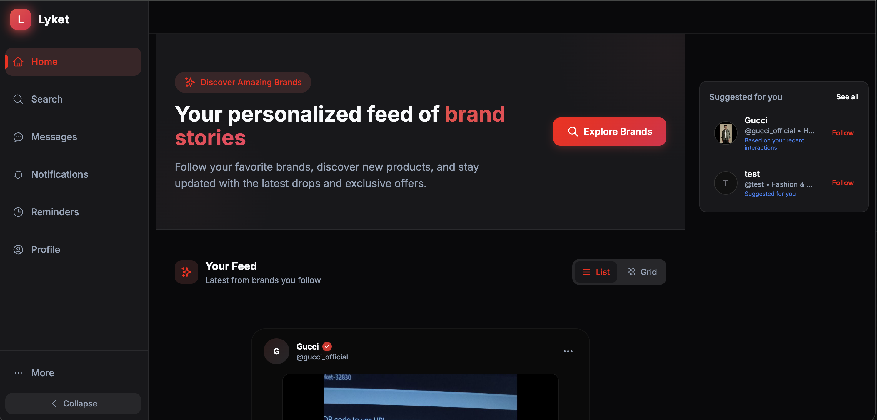 Lyket personalized brand feed home screen